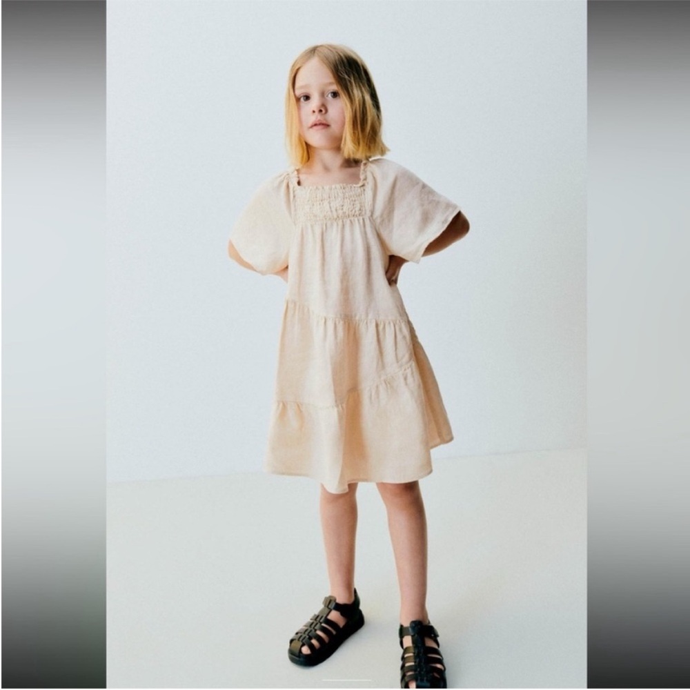 Zara Kids, Dark beige, ELASTIC TRIM LINEN DRESS, 3 years